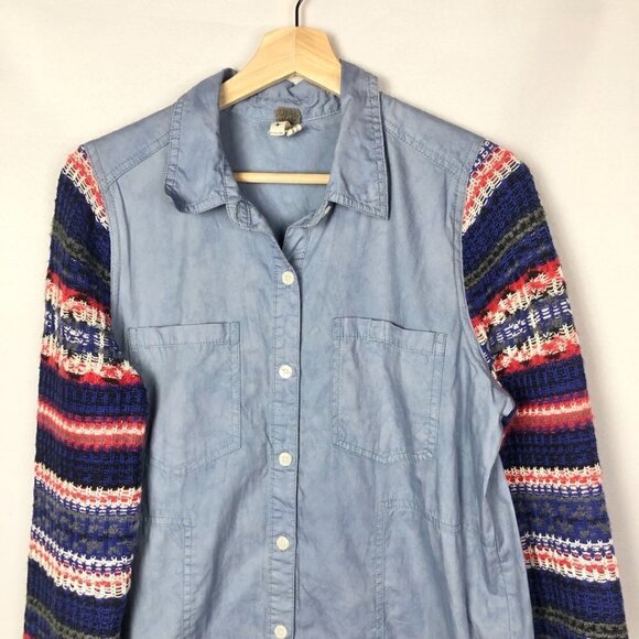 Free People We the Free Chambray Fair Isle Sweater Sleeve Button Down M - Picture 4 of 8